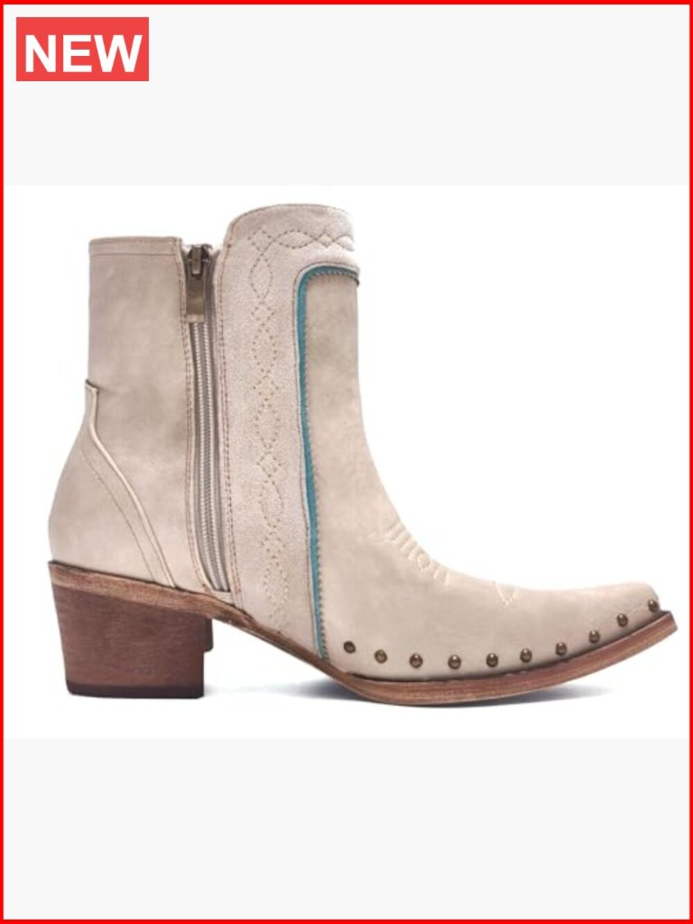 Fringe Studded Cowboy Ankle Booties with Turquoise Stones - Picture 5 of 7